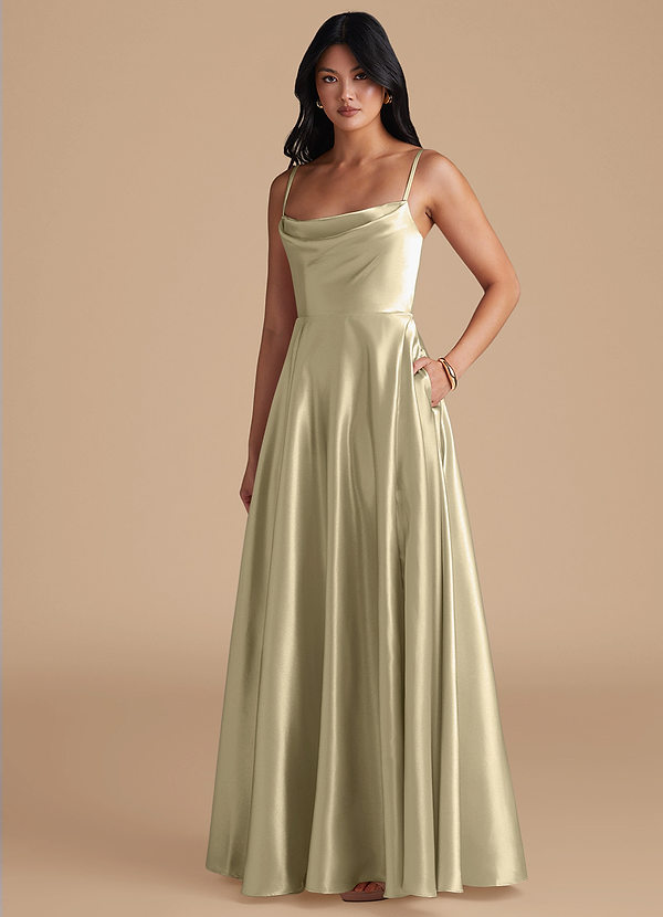 Azazie Elle Bridesmaid Dresses Moss Green A-Line with Pockets Metallic Satin Dress image1