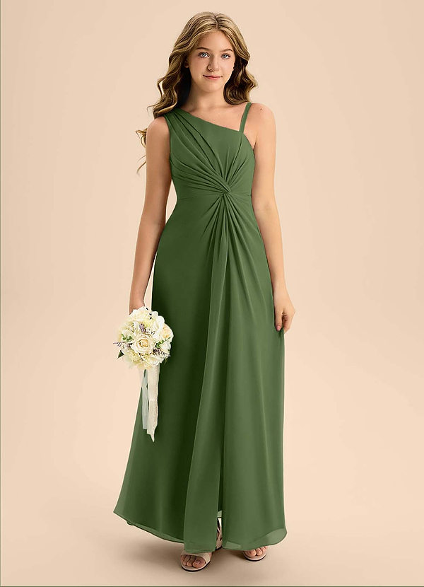 Azazie Brooke Junior Olive A-Line Side Slit Chiffon Dress image1