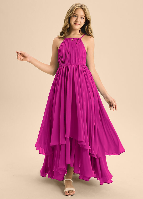 Azazie Elliora Junior Fuchsia A-Line Pleated Chiffon Dress image1