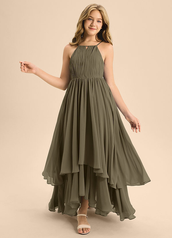 Azazie Elliora Junior Vestido de Verde Sauce de Gasa de Corte En A con Plisado image1
