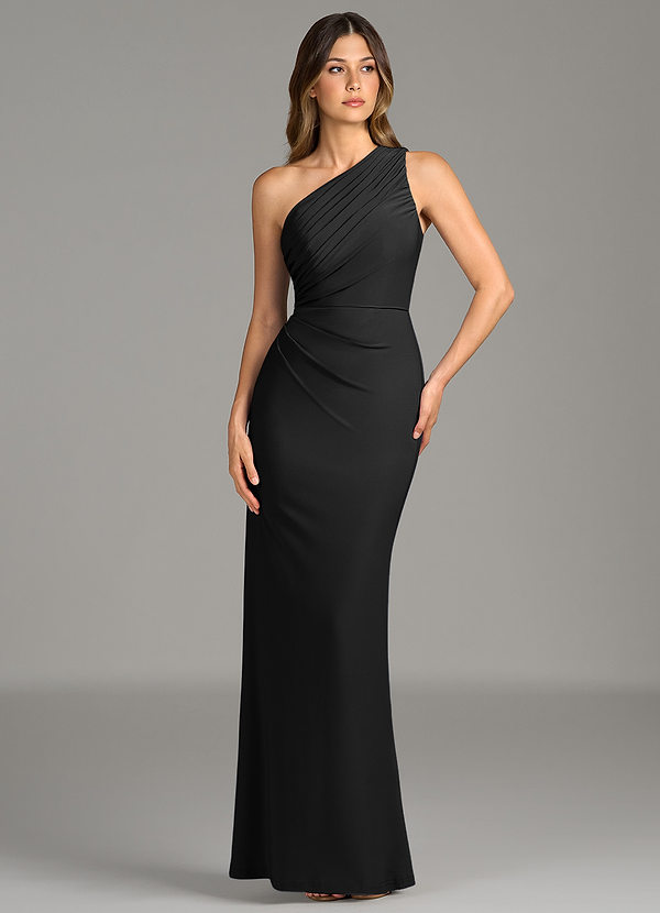 Azazie Akilah Vestidos Dama de Honor Vestido de Negro de Jersey elástico de primera calidad de Corte Sirena con Hombro unilateral image1