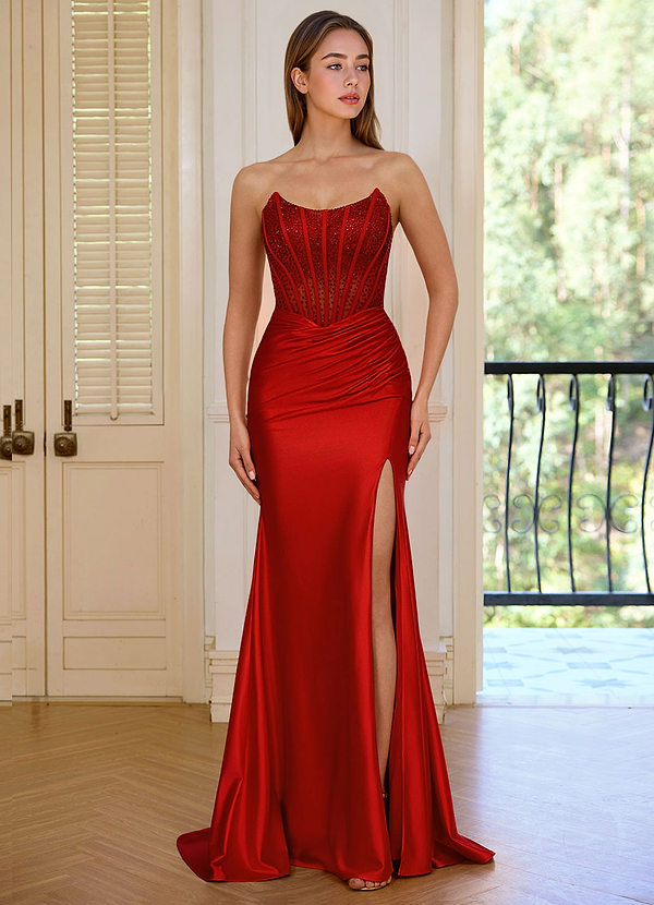 Valeria Burgundy Strapless Satin Mermaid Rhinestones Corset Prom Dress image1