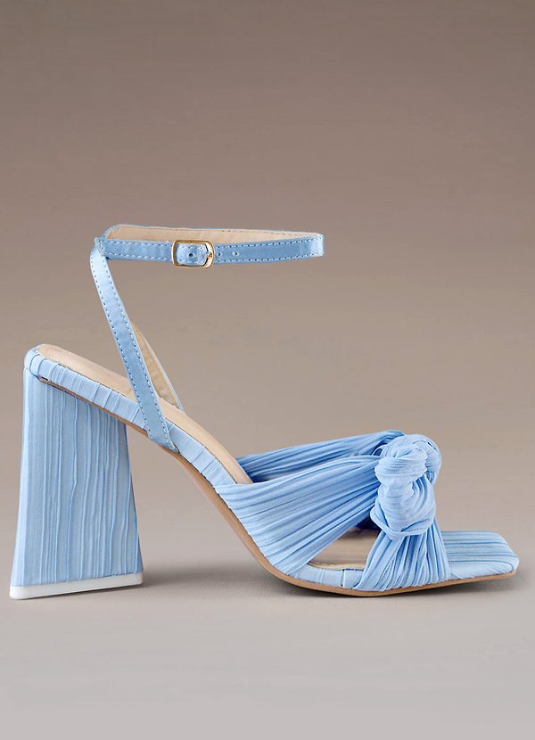 front Blue Pleated Chiffon Bow Mid-Heel Sandals