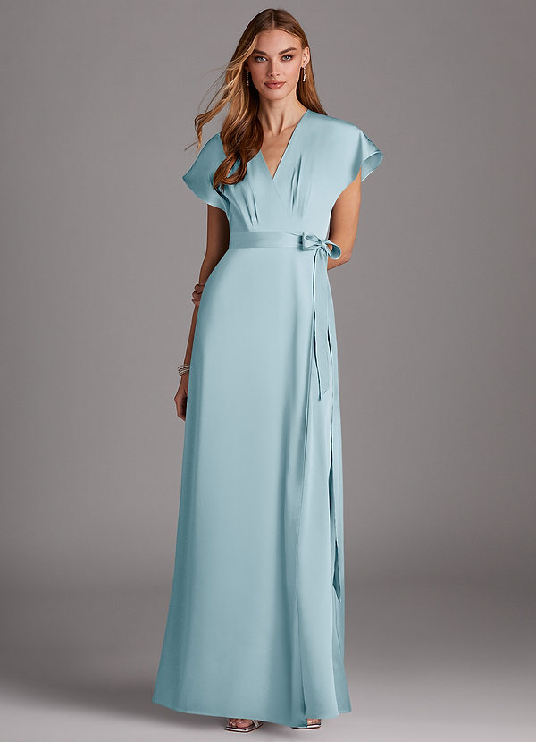 Azazie Nico Robes Demoiselle d'honneur Robe Trapèze en Satin extensible Col en V Bleu Ciel image1