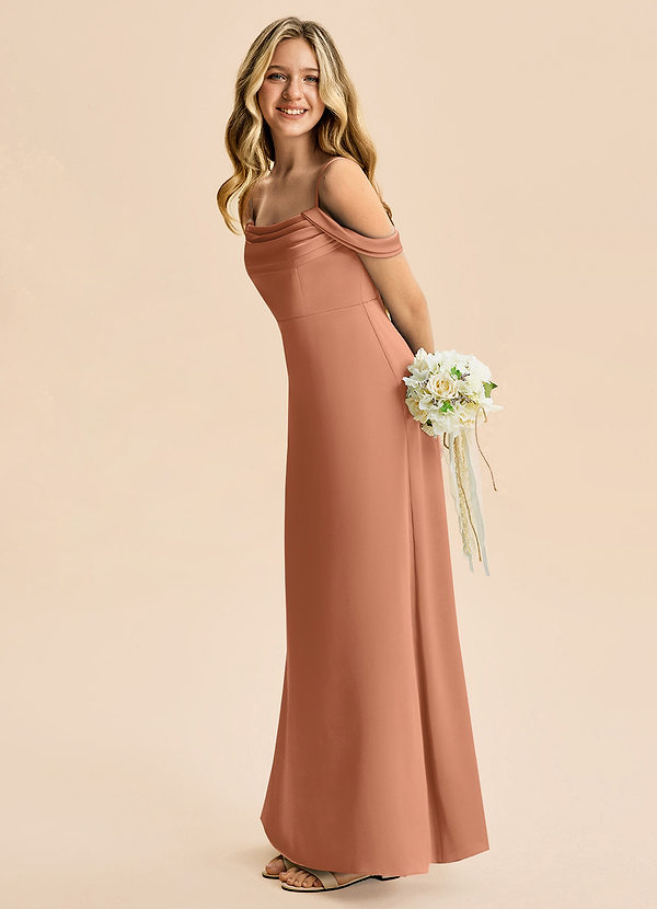 Azazie Lettie Junior Bronzer A-Line Off the Shoulder Stretch Satin Dress image1
