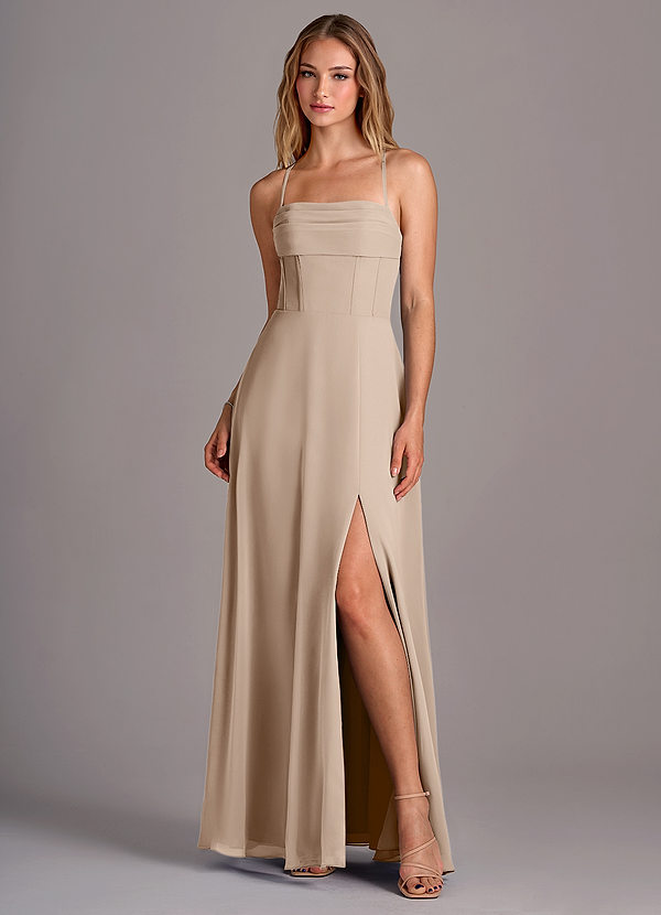 Azazie Carolyn Bridesmaid Dresses Taupe A-Line Pleated Chiffon Dress image1