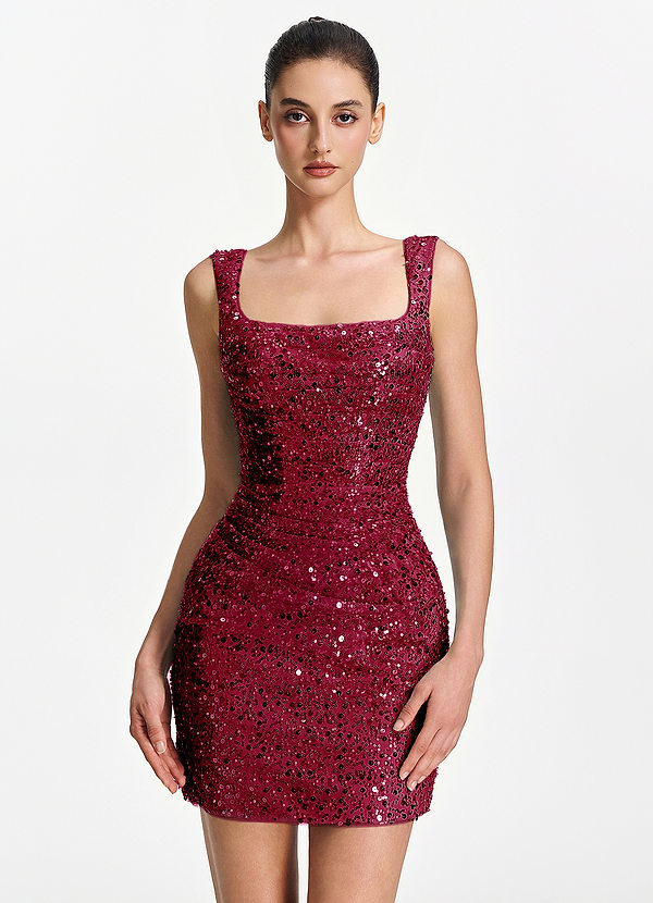 Sylvestrina Burgundy Beading Sequin Embroidery Stretch Tulle Square-Neck Tank Mini Dress image1