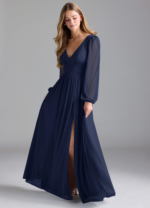 Azazie Norah Bridesmaid Dresses Dark Navy A-Line Mesh Dress image1