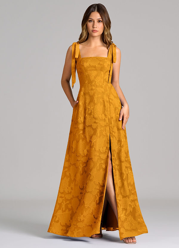 Azazie Debra Suknie dla druhen Linia A z kieszeniami Kwiatowe wypalenie Do ziemi Sukienka image1