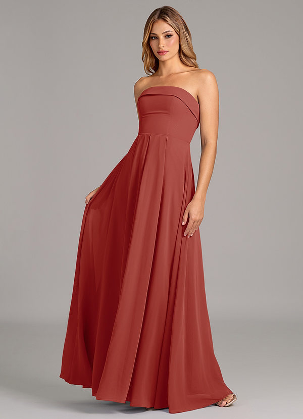 Azazie Lucienne Bruidsmeisjes Jurken Converteerbaar Jurk van Chiffon met A-Lijn Strapless Terracotta image1