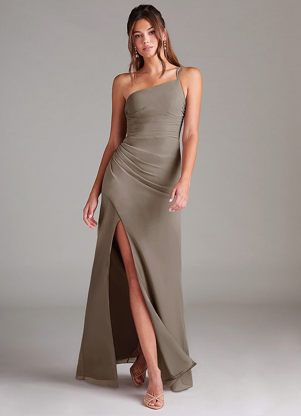 Azazie Eren Bridesmaid Dresses Taupe Sheath One Shoulder Chiffon Dress image1