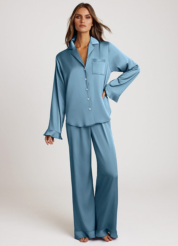 front Steel Blue Ruffled Satin Long Sleeve Pajama Set