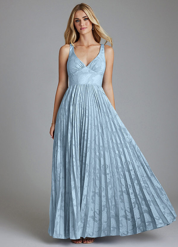 Azazie Mirella 신부 들러리 드레스 A라인 주름진 플로럴 번아웃 바닥 길이 드레스 image1