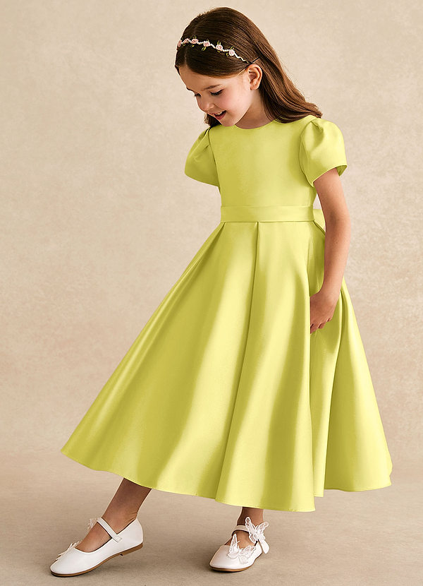 Azazie Princess Flower Girl Dresses Canary A-Line Pleated Matte Satin Dress image1