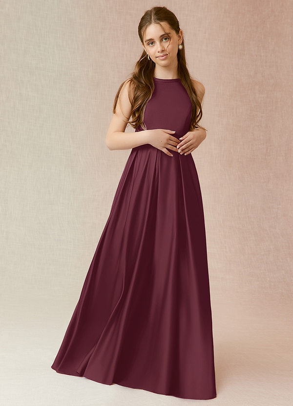 Azazie Arianthe Junior Cabernet A-Line with Pockets Matte Satin Dress image1