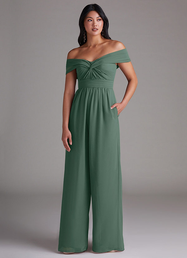 Azazie Lamara Robes Demoiselle d'honneur Combinaison Convertible en Mousseline de soie Épaule décolletée Mousse De Mer image1