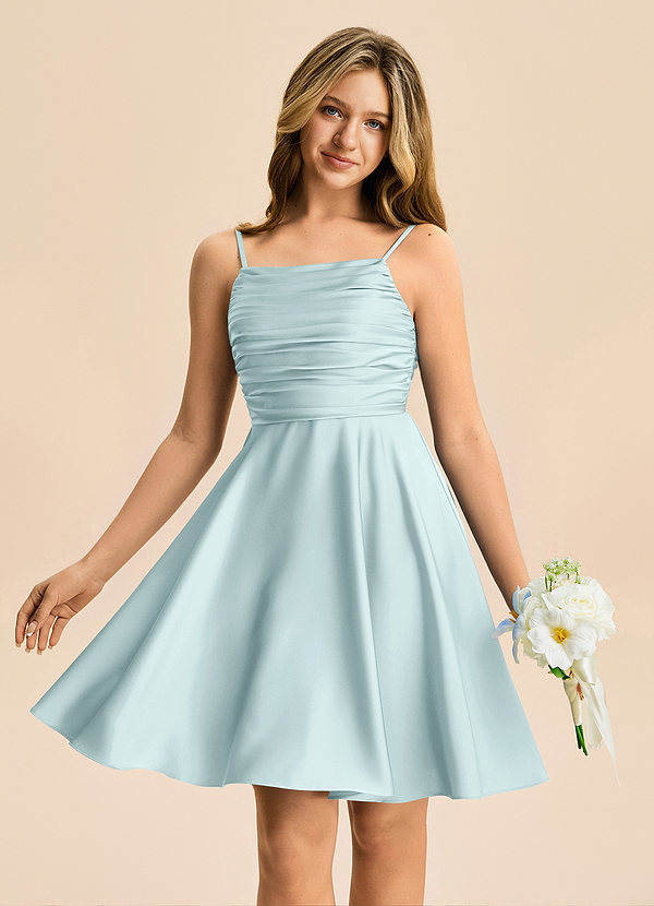 Azazie Miko Junior Vestido de Neblina de Satén Elástico de Corte en A con Plisado image1