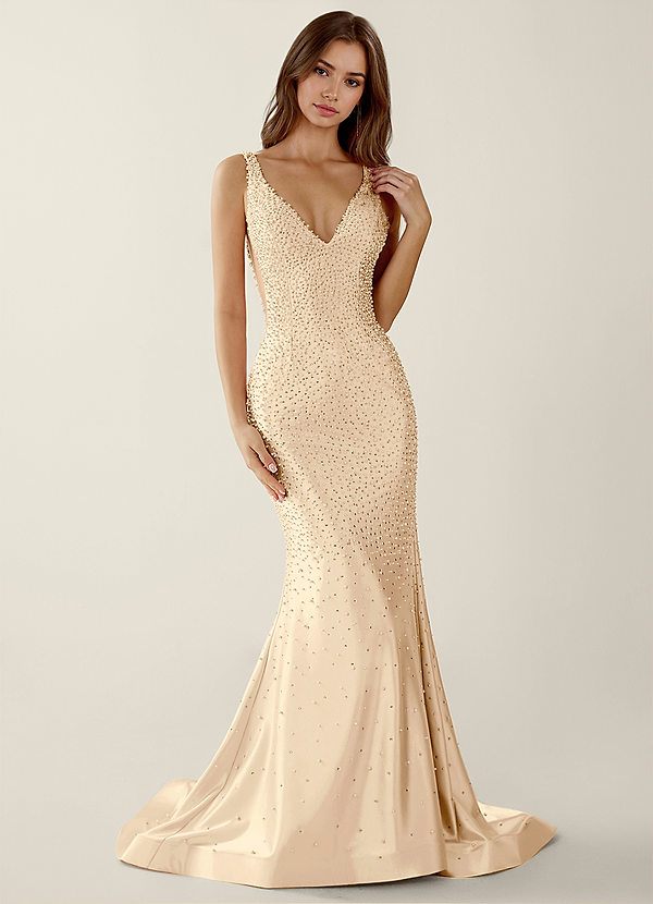 Roxana Champagne V-neck Hot Rhinestones Corset Prom Dress image1