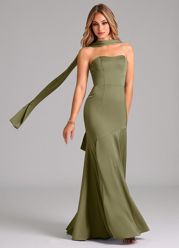 Azazie Shiloh Robes Demoiselle d'honneur Robe Sirène Convertible en Satin extensible Sans bretelle Pistache image1