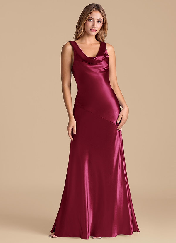 Azazie Rylina 신부 들러리 드레스 인어 메탈릭 새틴 바닥 길이 드레스 image1