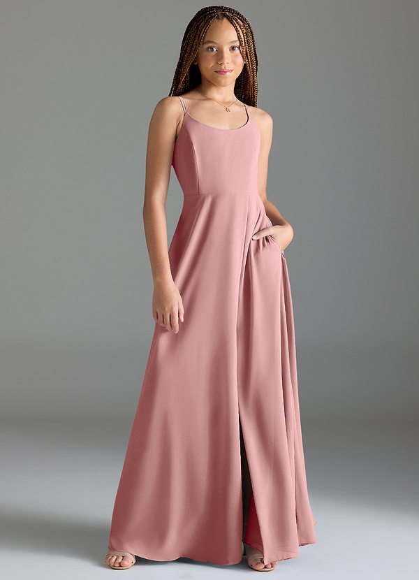 Azazie Moira Junior Abito A-Line in Chiffon Con Tasche Rosa Polverosa image1