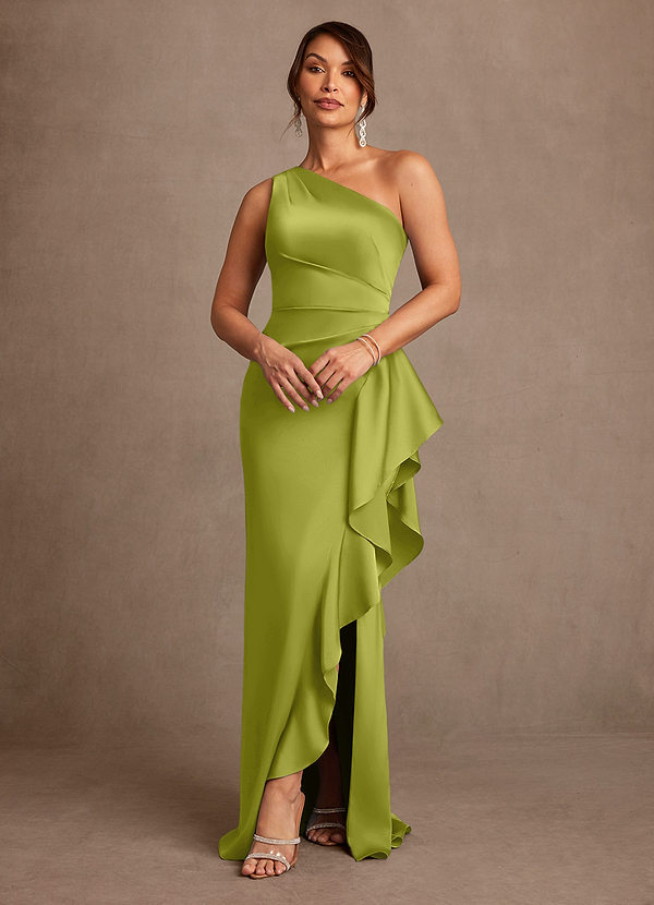 Azazie Yvette Mother of the Brides Dresses Lemongrass Sheath One Shoulder Stretch Satin Dress image1