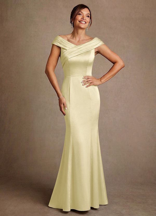 Azazie Aberdeen Vestidos de Madre de la Novia Vestido de Sorbete De Limón de Satén Elástico de Corte Recto con Plisado image1