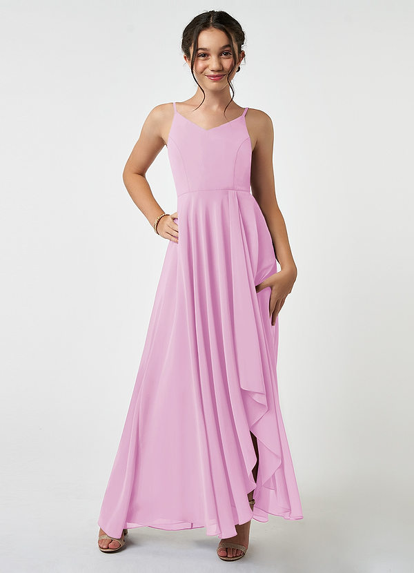Azazie Collette Junior Candy Pink A-Line Ruched Chiffon Dress image1