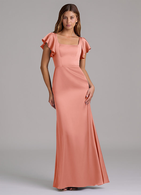 Azazie Elkie 신부 들러리 드레스 인어 스퀘어 네크라인 스트레치 새틴 바닥 길이 드레스 image1