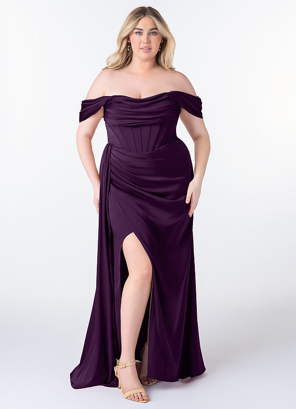 Azazie Amyra Bridesmaid Dresses Grape Sheath Off the Shoulder Stretch Satin Convertible Dress image1