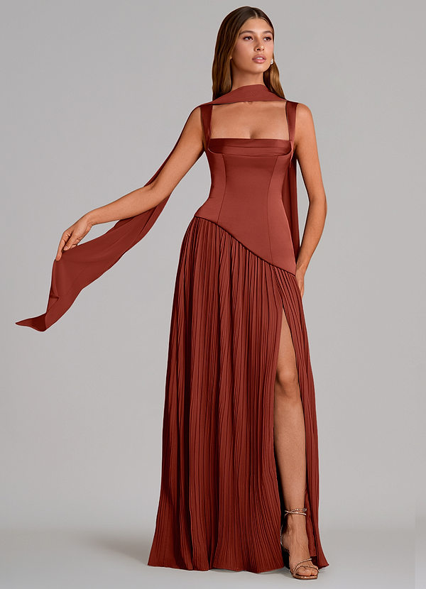 Azazie Stephanie Bridesmaid Dresses Terracotta A-Line Pleated Stretch Satin Dress image1