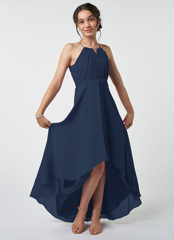Azazie Oaklynn Junior Dark Navy A-Line Pleated Chiffon Dress image1