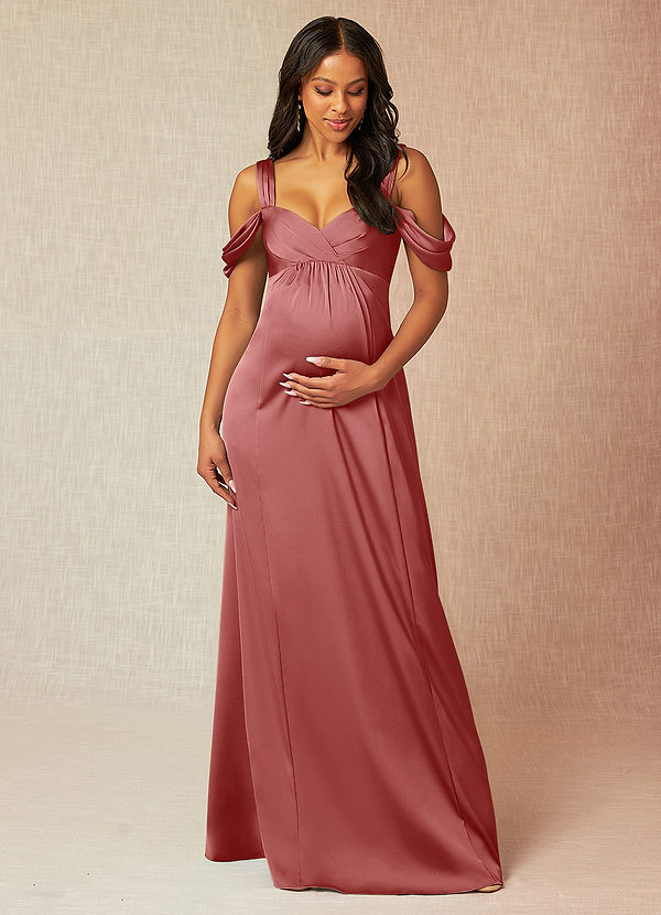 Azazie Rhea Maternity Bridesmaid Dresses A-Line Off-The-Shouler Pleated Stretch Satin Floor-Length Dress image1
