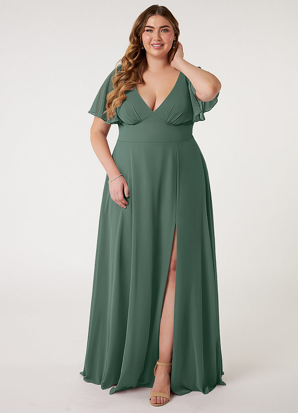 Azazie Kimber Robes de demoiselle d'honneur Robe Trapèze en Mousseline de soie Manches à volants Mousse De Mer image1