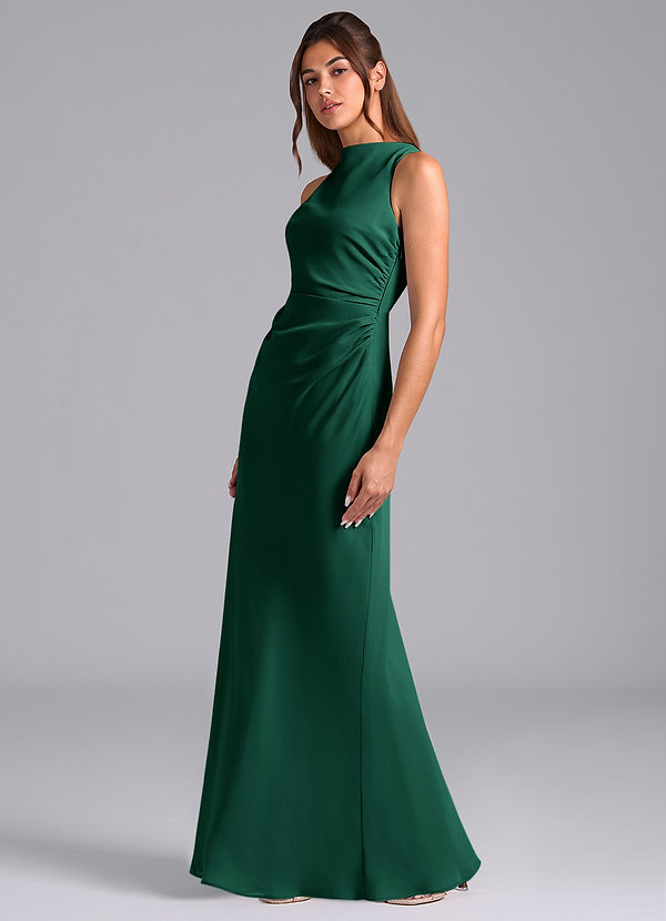 Azazie Evadne Bridesmaid Dresses Emerald Sheath Pleated Chiffon Dress image1