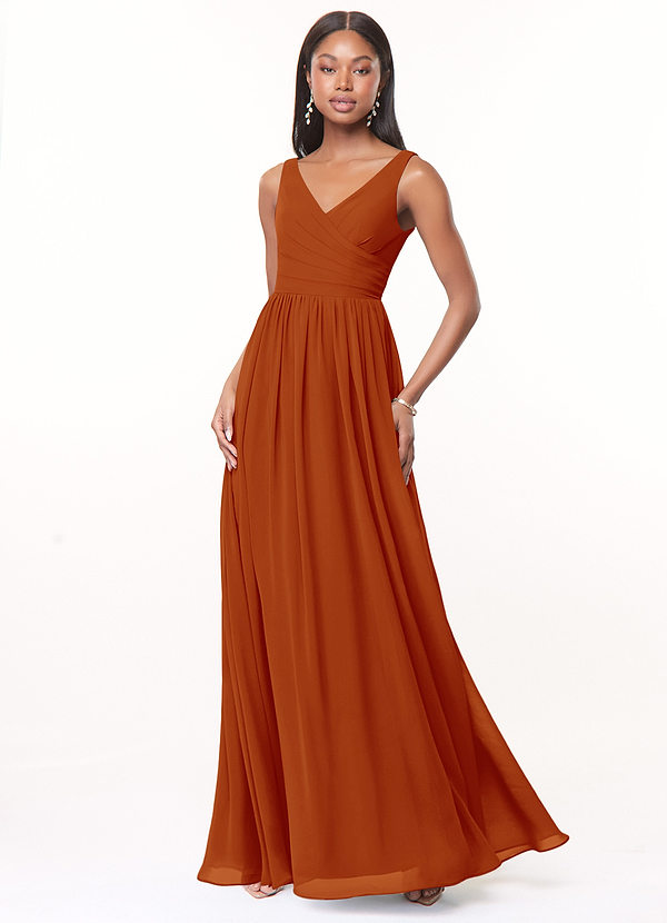 Azazie Keyla Bridesmaid Dresses Paprika A-Line V-Neck Pleated Chiffon Dress image1