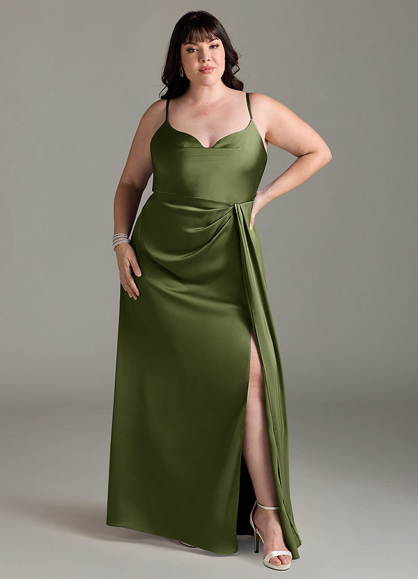 Azazie Brielle Brautjungfernkleider A-Linie Cowl-Spaghettiträger Stretch-Satin Kleid Olivgrün image1