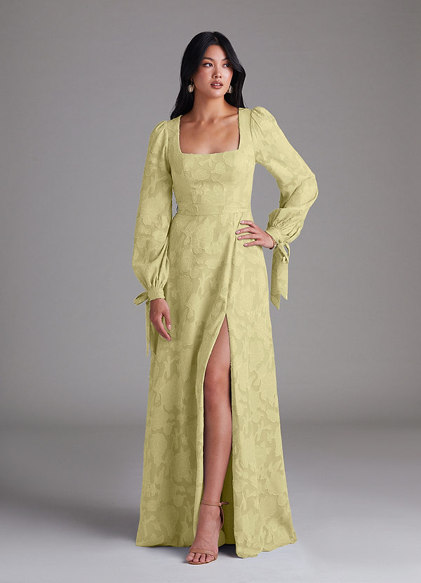Azazie Leonia Bridesmaid Dresses Lemon Sorbet A-Line Long Sleeve Floral Burnout Dress image1