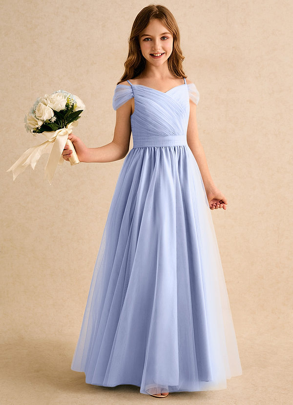 Azazie Yuna Girls Formal Abiti da Ragazza di Fiori Abito A-Line in Tulle a Spalla Scoperta Ghiaccio image1