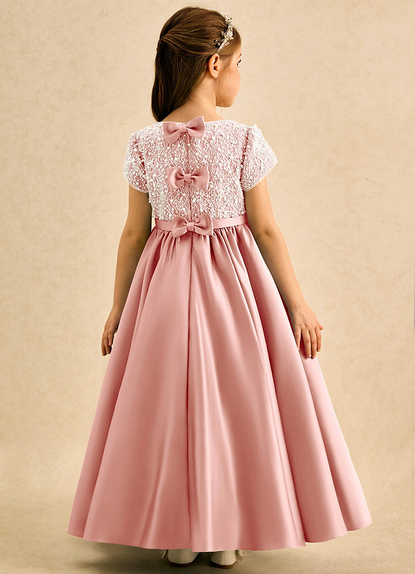 Azazie Cashew Flower Girl Dresses Rosette Ball-Gown with Sleeves Matte Satin Dress image1