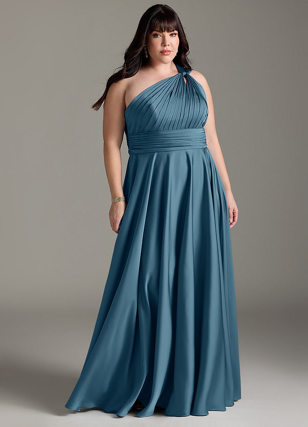 Azazie Charlize Robes Demoiselle d'honneur Robe Trapèze en Satin extensible Une épaule Bermude image1