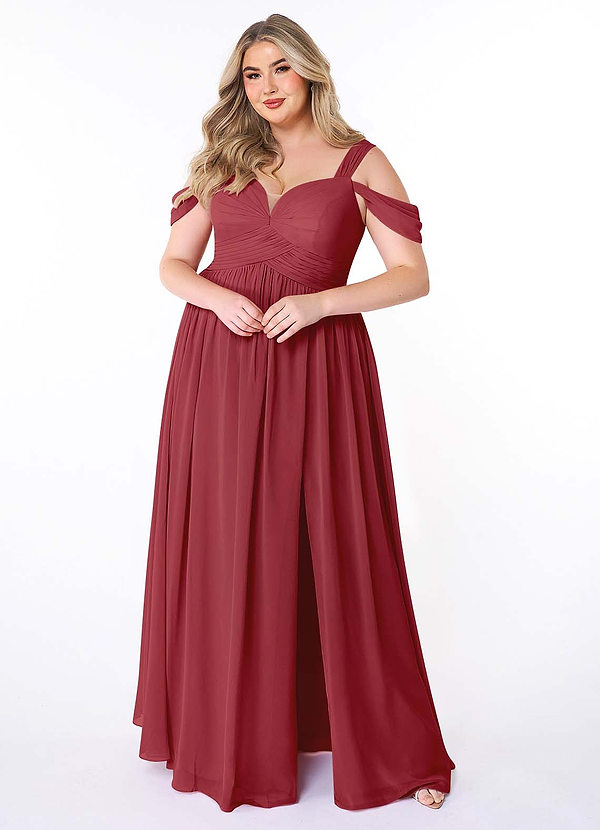 Azazie Lianne Bridesmaid Dresses Pomegranate A-Line Off the Shoulder Chiffon Dress image1