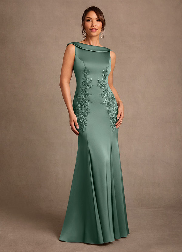 Azazie Franny 신부의 어머니 드레스 쉬스 레이스 스트레치 새틴 플로어 길이 드레스 image1