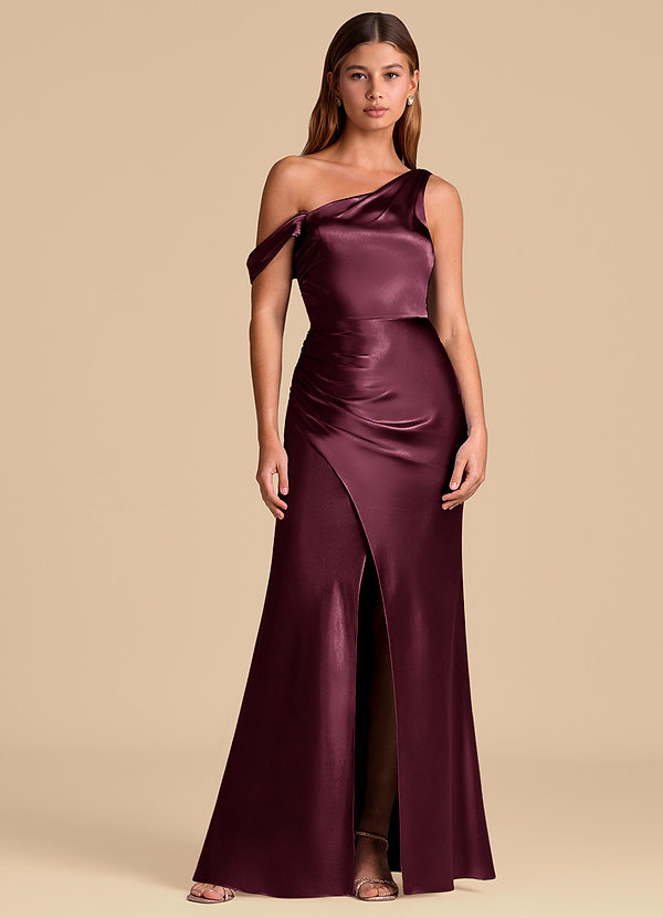 Azazie Madelyn 신부 들러리 드레스 인어 오프 더 숄더 메탈릭 새틴 바닥 길이 드레스 image1