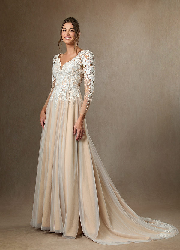 Azazie Essy Vestidos de Novia Vestido de Blanco Diamante Champán de Tul de Corte en A con Lentejuelas cuello pico image1