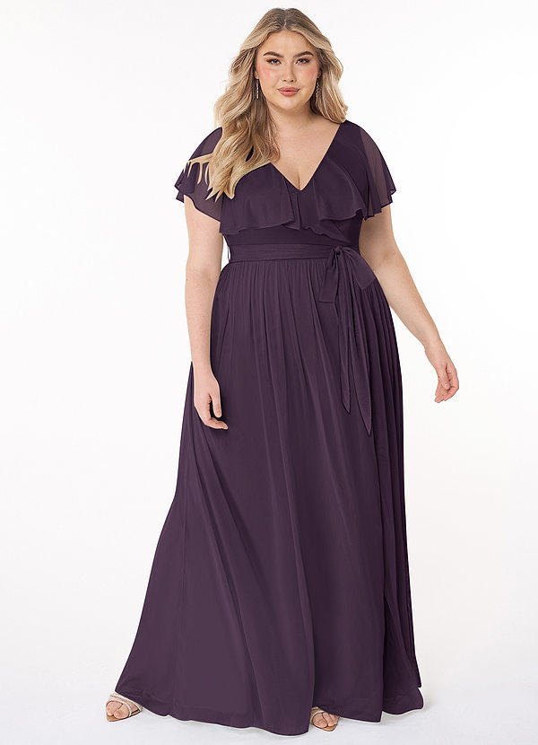 Azazie Jael Bridesmaid Dresses Plum A-Line V-Neck Mesh Dress image1