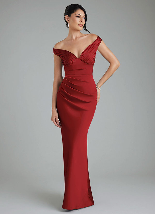 Azazie Stella Bridesmaid Dresses Pomegranate Sheath Corset Stretch Satin Convertible Dress image1
