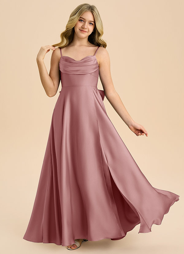 Azazie Bear Junior Vestido de Rosa Polvorienta de Satén Elástico de Corte en A con Escote de Corazón image1