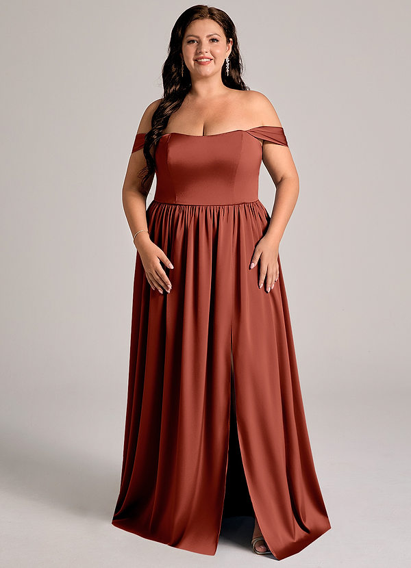 Azazie Calianna Robes Demoiselle d'honneur Robe Trapèze Convertible en Satin extensible Épaule décolletée Terracotta image1