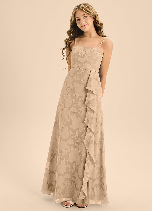 Azazie Kaylee Junior A-Linie Gürtel/Schärpe Blumen-Burnout Kleid Champagner image1